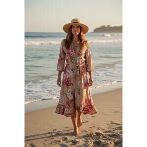 Farm Rio Floral Ruffle and Beaded Linen Blend Dress Multicolor XS NWT